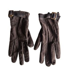 Vintage Brown Faux Suede Buckle Wrist Gloves Size M/L Retro Classic Winter Chic